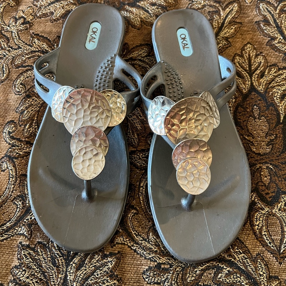 Silver Okal sandals.  Size M